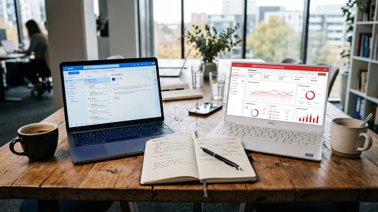 Two laptops side by side showing different business email interfaces on a shared desk
