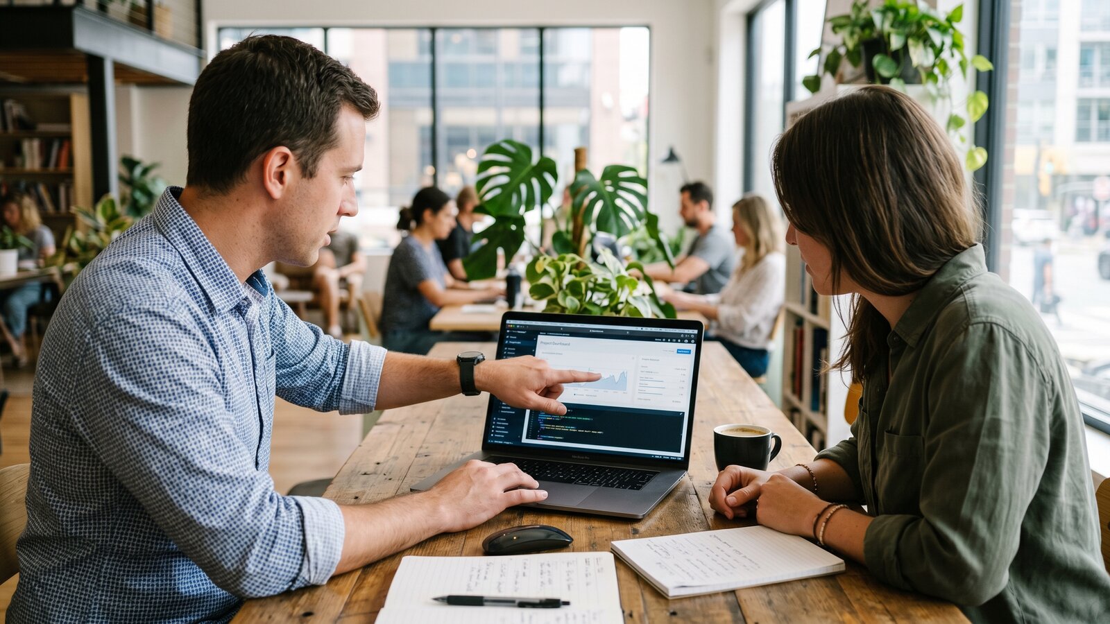 An IT engineer working alongside a small business owner looking at a laptop together in a collaborative office